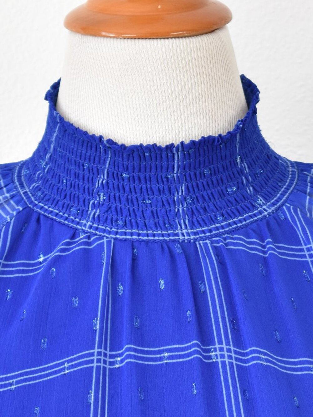 Calvin Klein Plaid Chiffon Mock Neck Smocked Detail Dress - 12 - Picture 10 of 13